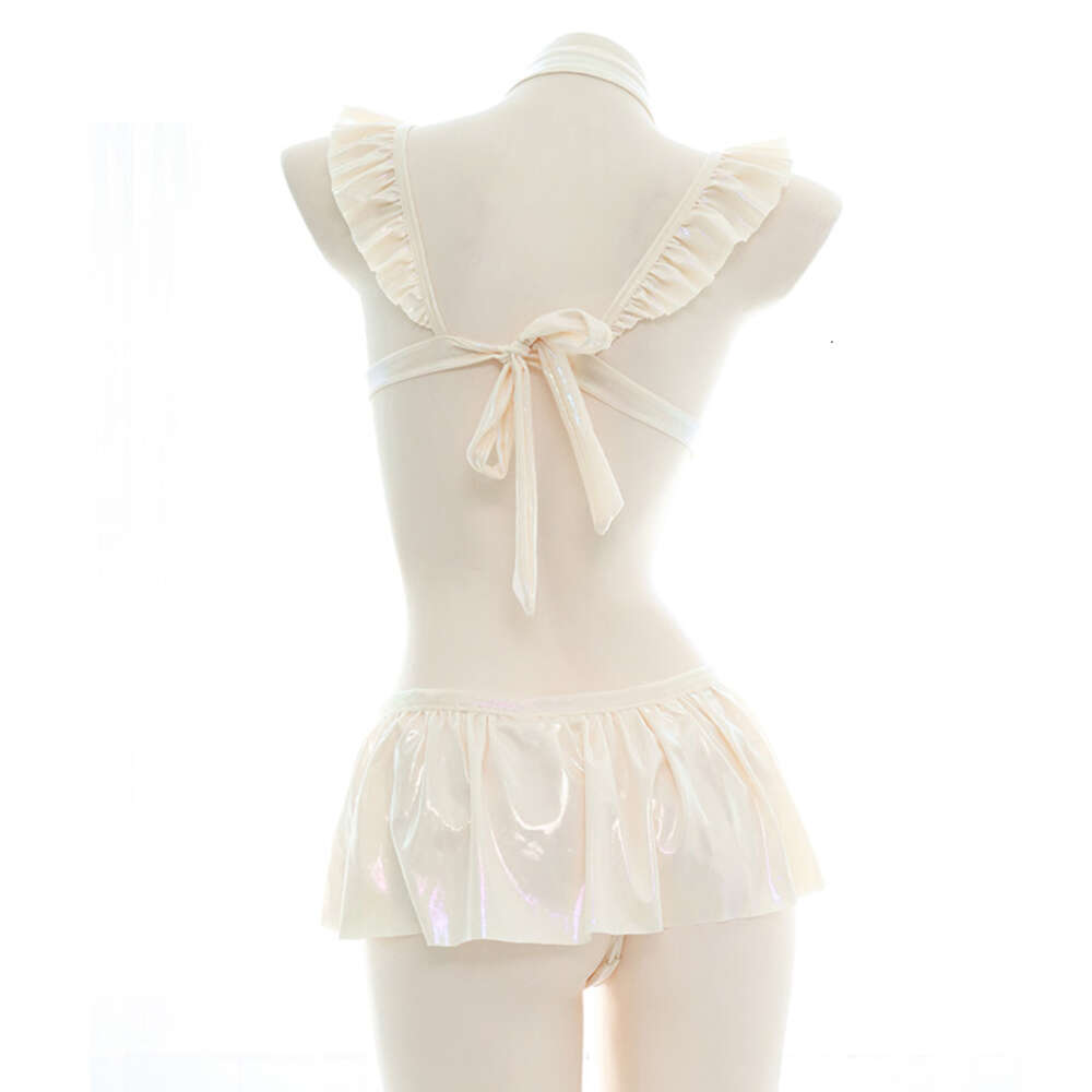 Ani Girl Ruffle Laser Bodysuit Halter One-Piece Swimsuit Costume Women Cross Strap Pamasランジェリーユニフォームセットコスプレコスプレ