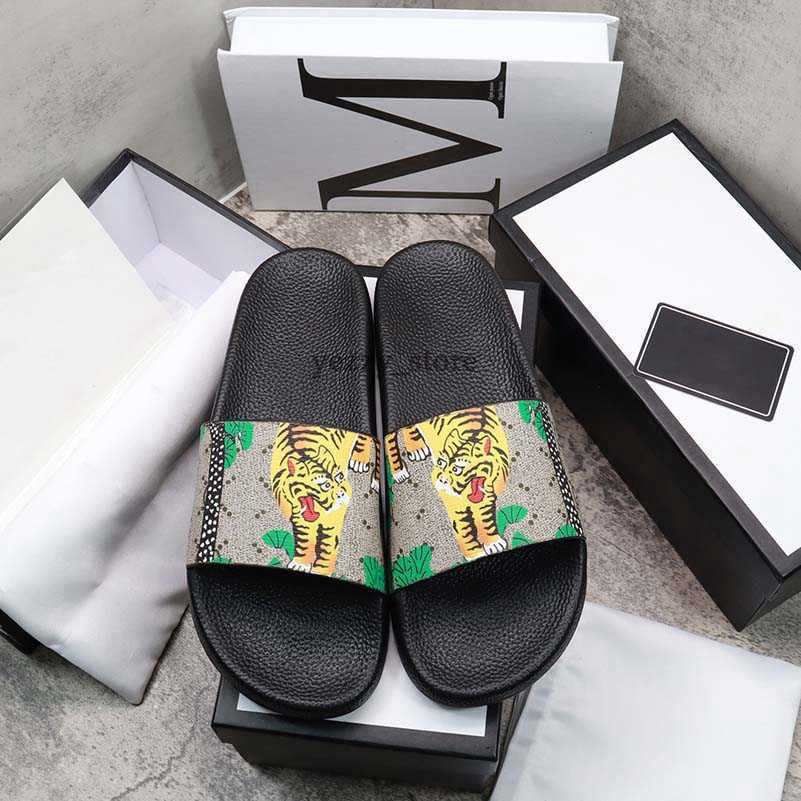 Designer G-tofflor för kvinnor Herrrutschbanor Blommig guccie Brocade Flats Utrustning Botten Tiger Ace Bee Flop Flip Scuffs Casual Fashion Beach Slide Sandaler storlek 35-45