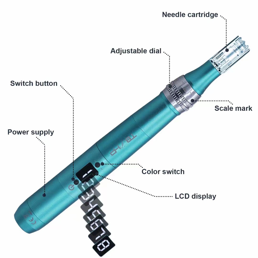 P20RL Draadloze 4 Kleuren LED Derma Microneedle Pen met 25 stks Cartridge Naalden 3 stks Batterij Tips met 8 Speed Microneedling