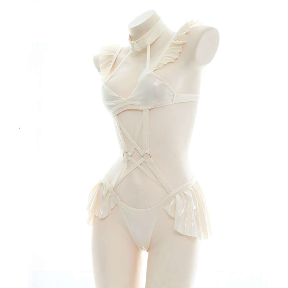 Ani Girl Ruffle Laser Bodysuit Halter One-Piece Swimsuit Costume Women Cross Strap Pamasランジェリーユニフォームセットコスプレコスプレ