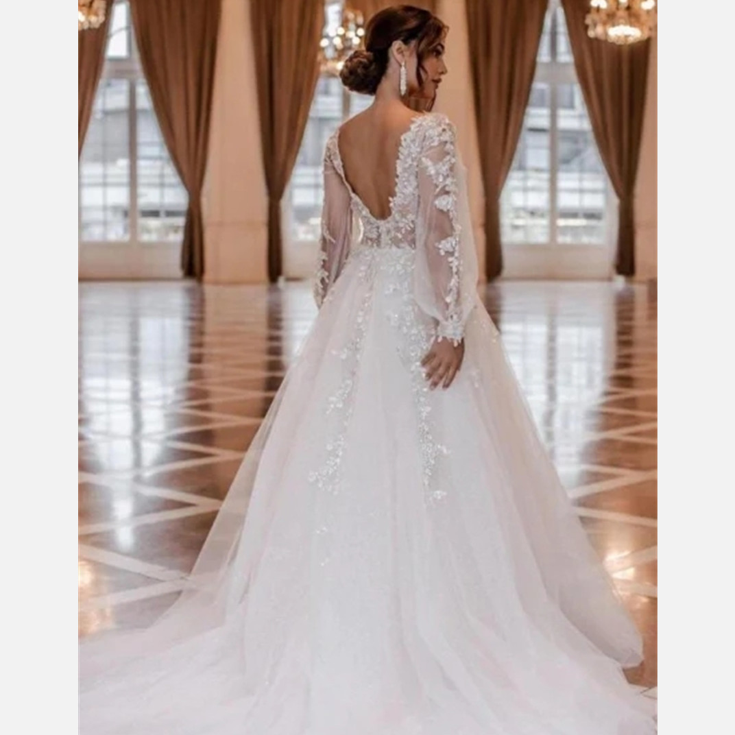 Long Sleeves Lace Wedding Dress Women Illusion Back Appliques Scoop A-Line Bridal Gowns Vestidos Plus Size