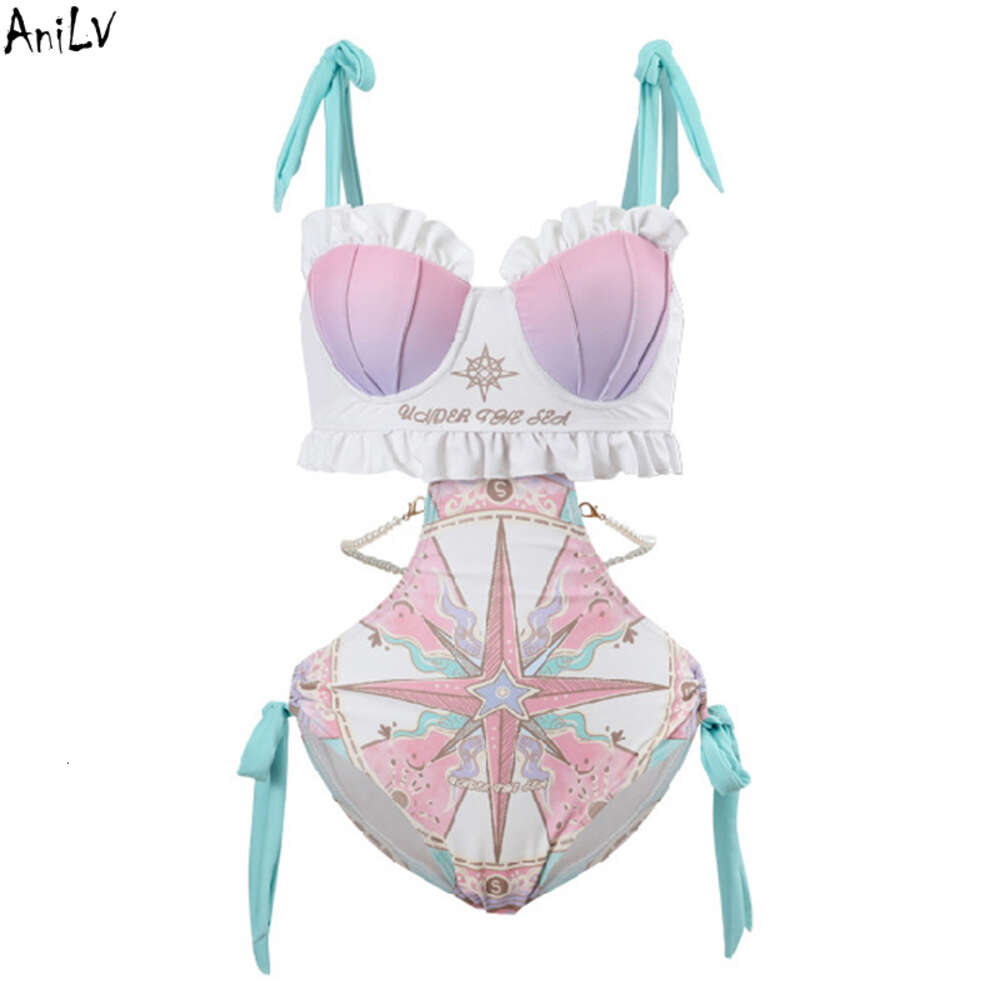 Ani anime impressão astrolábio swimsuiut bodysuit verão praia gradiente rosa roxo sereia concha trajes de banho cosplay