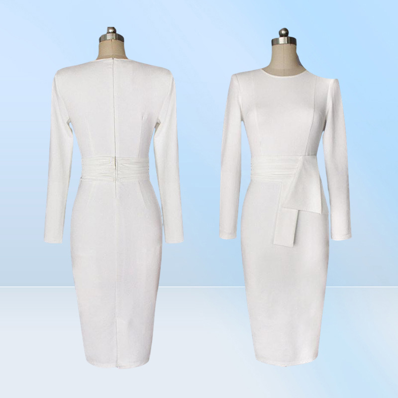 Autumn Winter Long Sleeve White O Neck Belted Plain Dress Office Formal Women Sexy Bodycon Bandage Elegant Party Slim Casual Dress8958856