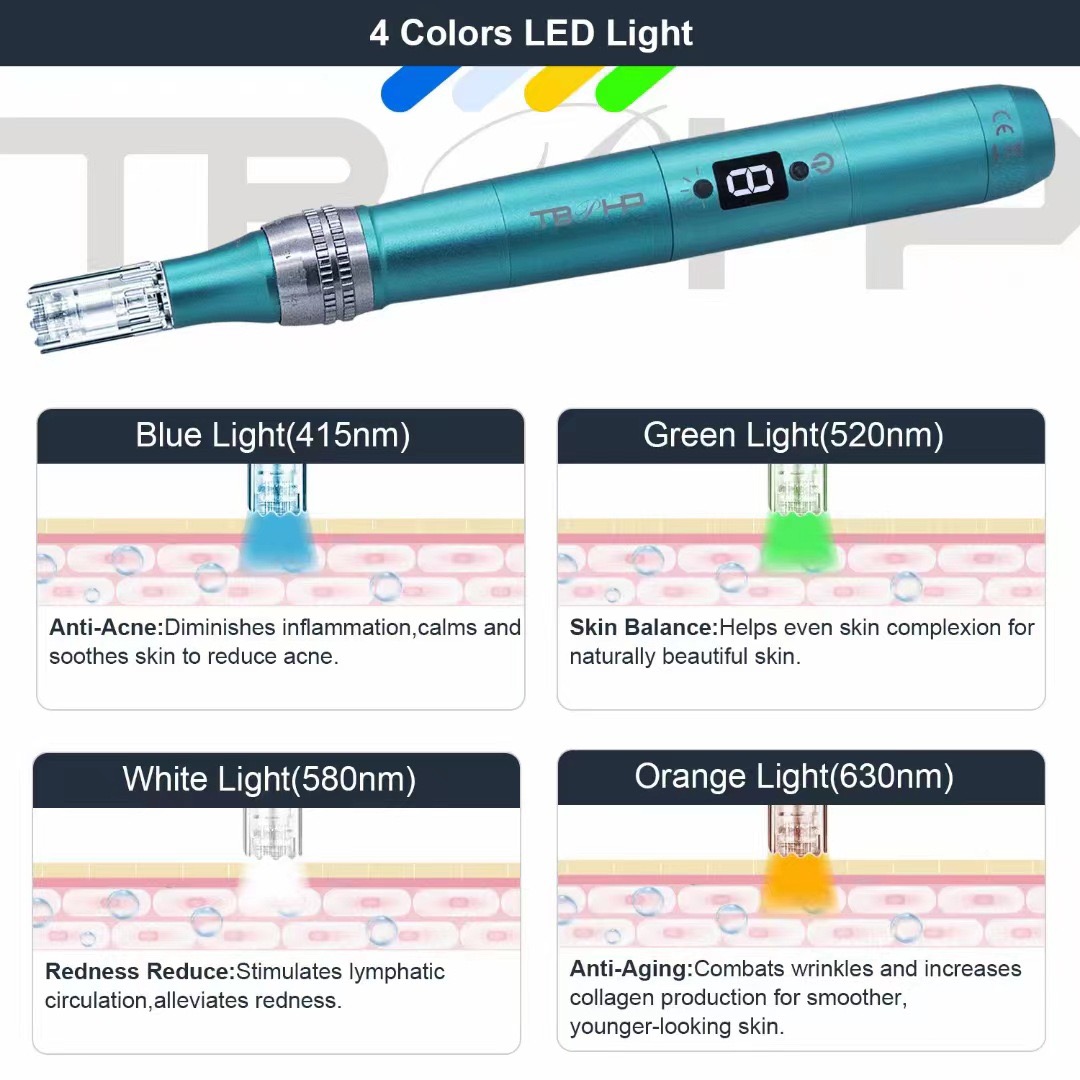 P20RL 무선 4 색 LED 카트리지 바늘이있는 Derma Microneedle PEN 8 Speed ​​Microneedling이 포함 된 배터리 팁