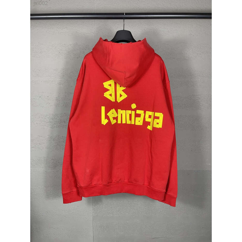 Designer Balancaigas Hoodies b Home Correct Version Paris 23s New American Textured Paper Tape Letter Washed and Worn Old Hooded Cardigan Coat