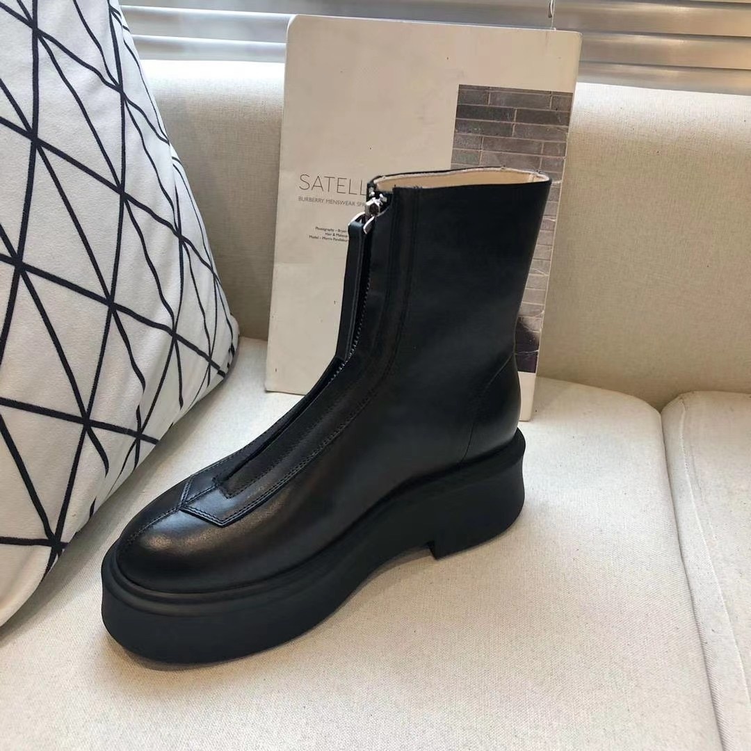 Tasarımcı Boot Beyaz Pürüzsüz Deri Ayak Bileği Chelsea Botlar Platform Zip Slip-On Yuvarlak Toe Blok Topuklu Düz Kama Öngenleri Tıknaz Boot Luxurnbne#