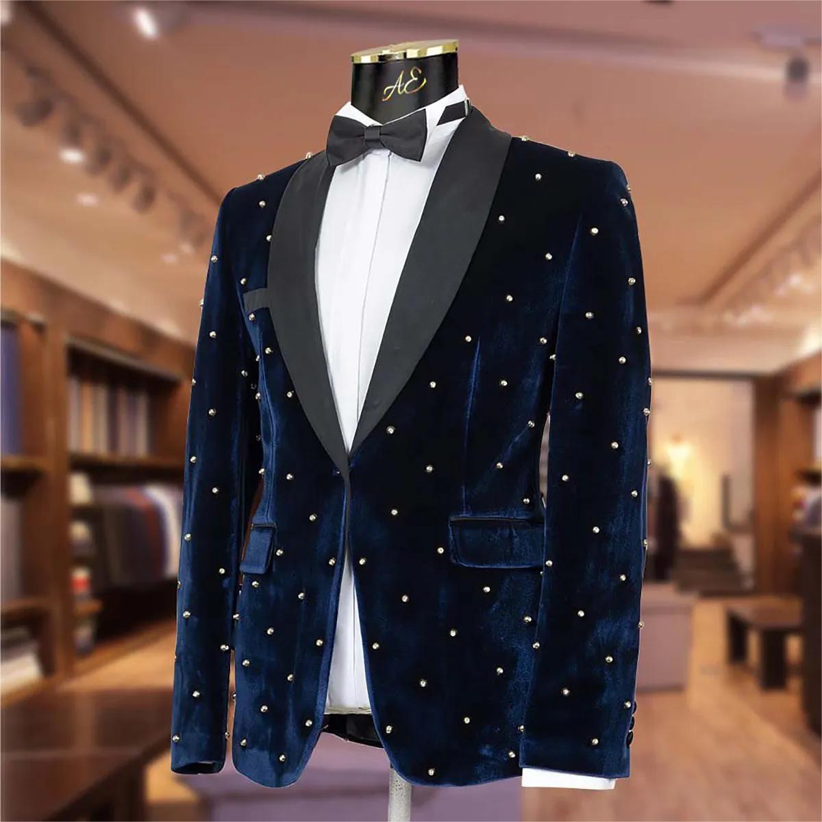 Navy pärlstav sammet bröllop smoking rhinestones mens kostymer 2 stycken uppsättningar sjal lapel blazers en knapp formell kostym med jacka och byxor