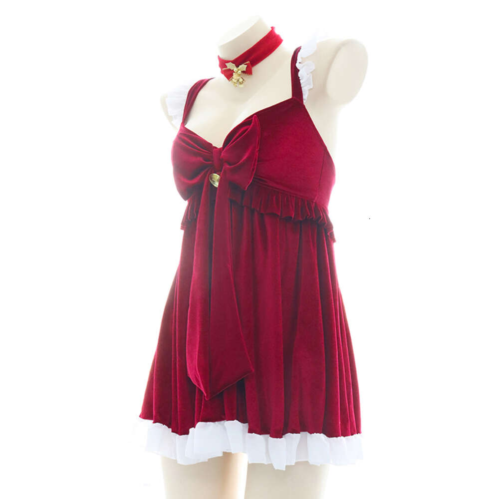 Ani Christmas Eve Girl Red Cross Spaghetti Strap Dress Costume Women Xmas Bow Gift Bell Nightdress Pamas Cosplay