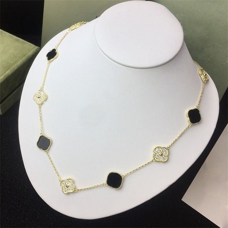 luxury designer necklace for women plated gold chain pendant necklace 2 sided green 10 flower chains necklaces inlaid shell womens designer jewelry gift for girl