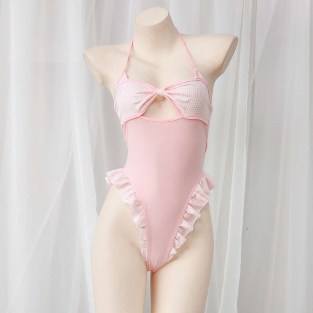 Ani Kawaii Girl Anime Bow Hollow One-piece Swimstuit Unifrom Women Pink Bodysuit Swimwear Ruffles Pamas Costumes Cosplay cosplay