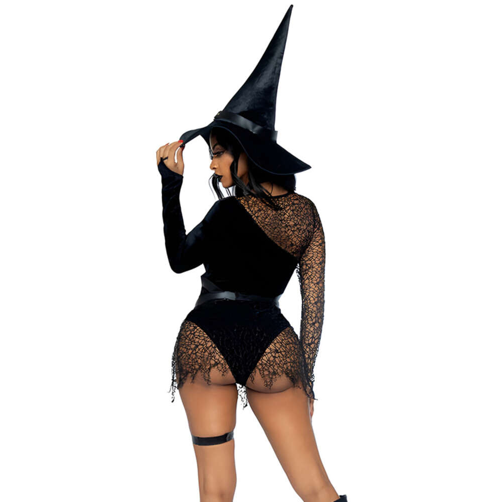 Ani Halloween Carnaval Nuit Magie Académie Sorcière Noire Horro Uniforme Femmes Dentelle Maille Body Chapeau Licou Ceinture Cosplay Costumes cosplay