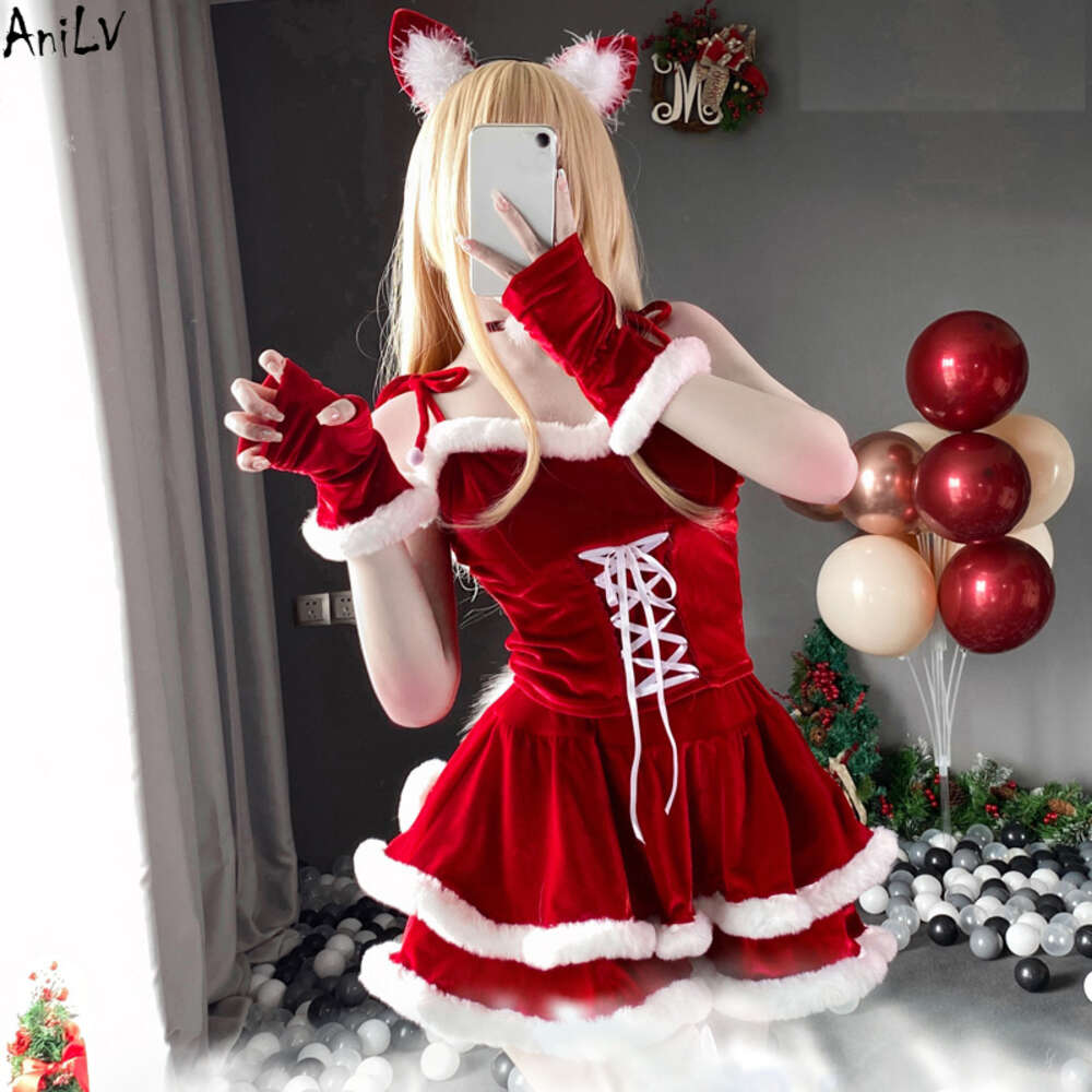 Ani Kerst Vrouwelijke Kerstman Serie Kostuum Kerstfeest Sneeuw Eland Meisje Rode Jurk Mantel Touw Unifrom Sexy Pamas Cosplay cosplay