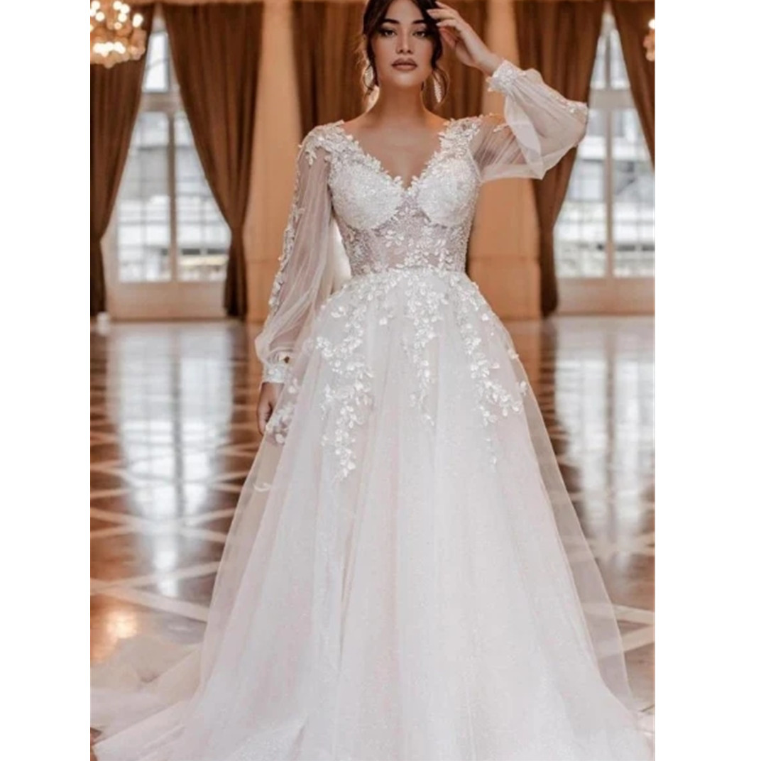Long Sleeves Lace Wedding Dress Women Illusion Back Appliques Scoop A-Line Bridal Gowns Vestidos Plus Size
