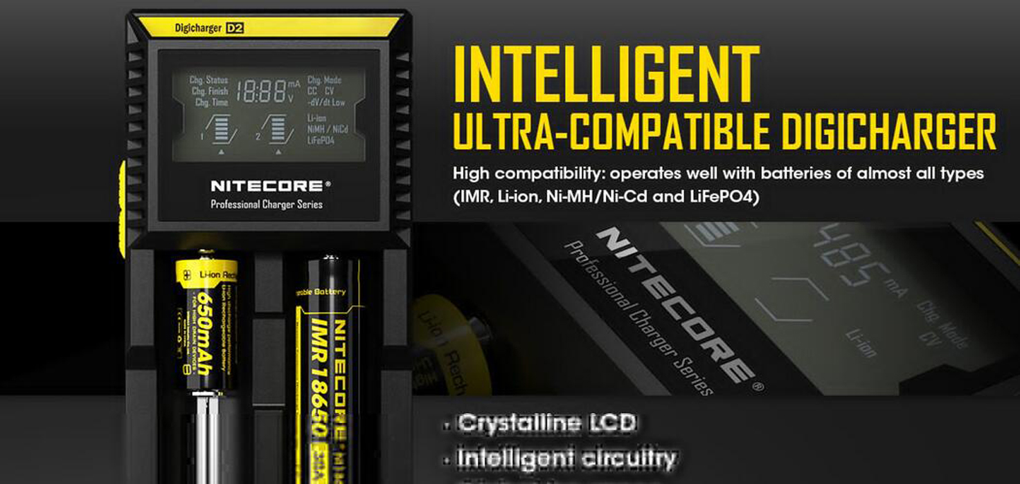 Originale Nitecore D2 Caricabatterie Digicharger Display LCD Batteria Intelligente 2 Dual Slot Carica IMR 16340 18650 14500 26650 18350 Batteria universale agli ioni di litio Vs UM2 Q2