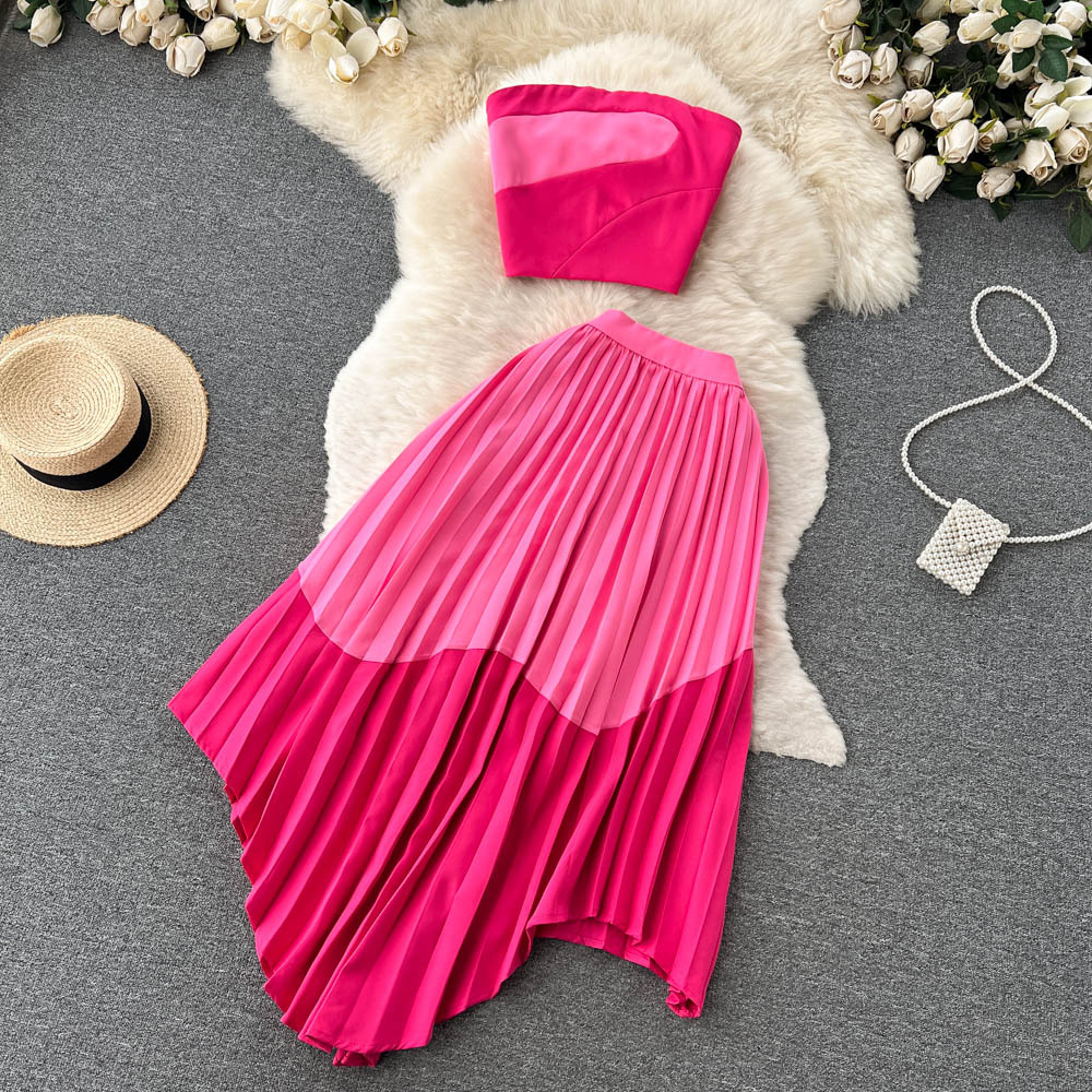 Autumn Winter Christmas Two Piece Dress Knitted Sets Beading Stand Collar Short Sleeve Top Ball Gown Skirt Woman Sets Suits 2023