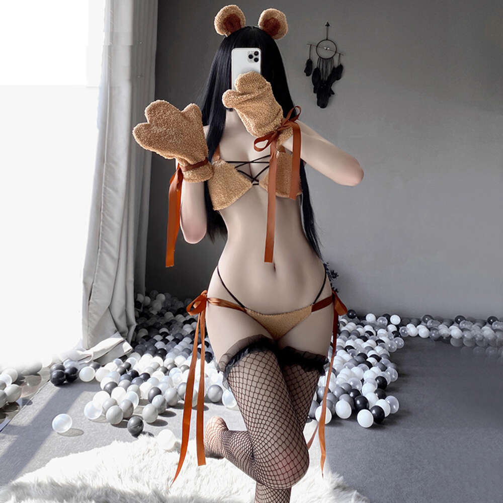Ani Girl Cute Pet Bear Plush Three-point Bikini Costumes Cosplay Women Sexy Ribbon Erotic Lingerie Outfit Uniform Set cosplay