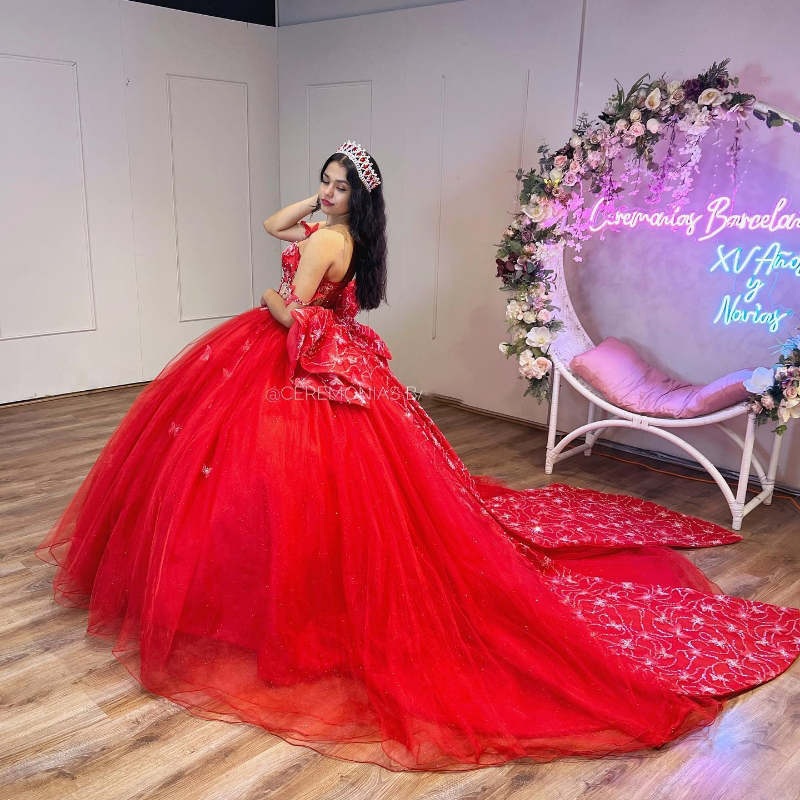 Röd älskling glänsande quinceanera klänning älskling prinsessa spets pärlor bow vestidos de 15 anos söt formell födelsedagsfest boll klänning