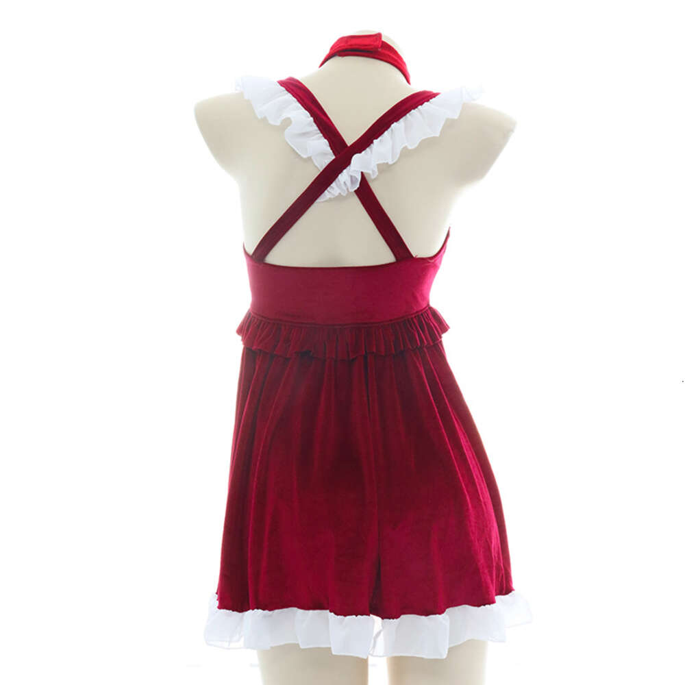 Ani Christmas Eve Girl Red Cross Spaghetti Strap Dress Costume Women Xmas Bow Gift Bell Nightdress Pamas Cosplay