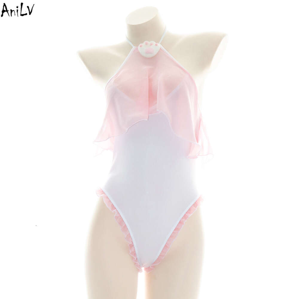 Ani Kawaii fille mignon chat patte body maillot de bain Costume dos nu rose à volants une pièce maillots de bain uniforme ensemble piscine fête Cosplay cosplay