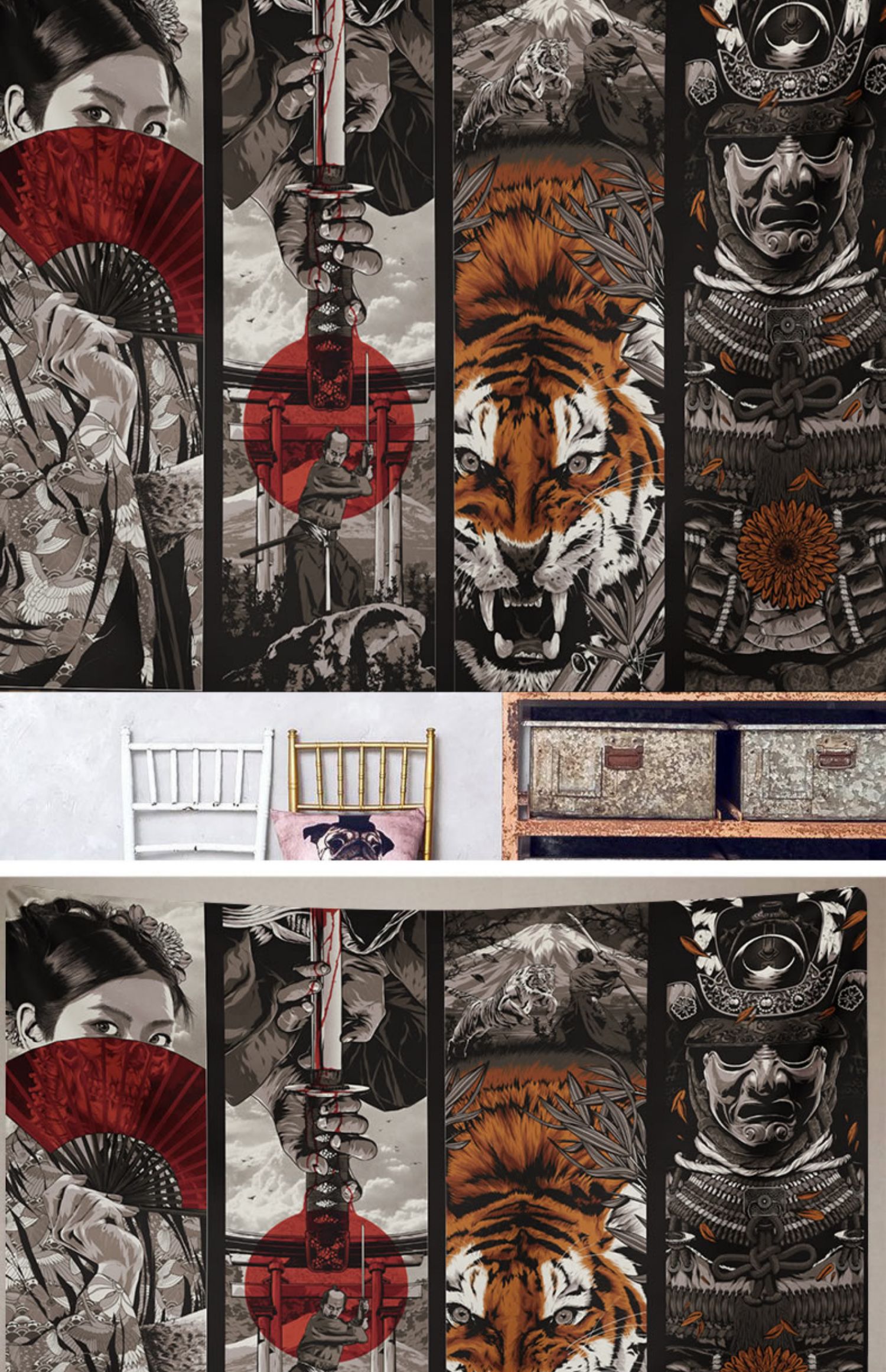 Ukiyoshi Tiger Warrior Tattoo Tattoo Bar Poggiatesta giapponese Decorazione Hanging Cloth Curtain Wall Panno Sfondo Panno Tapestrymandala art