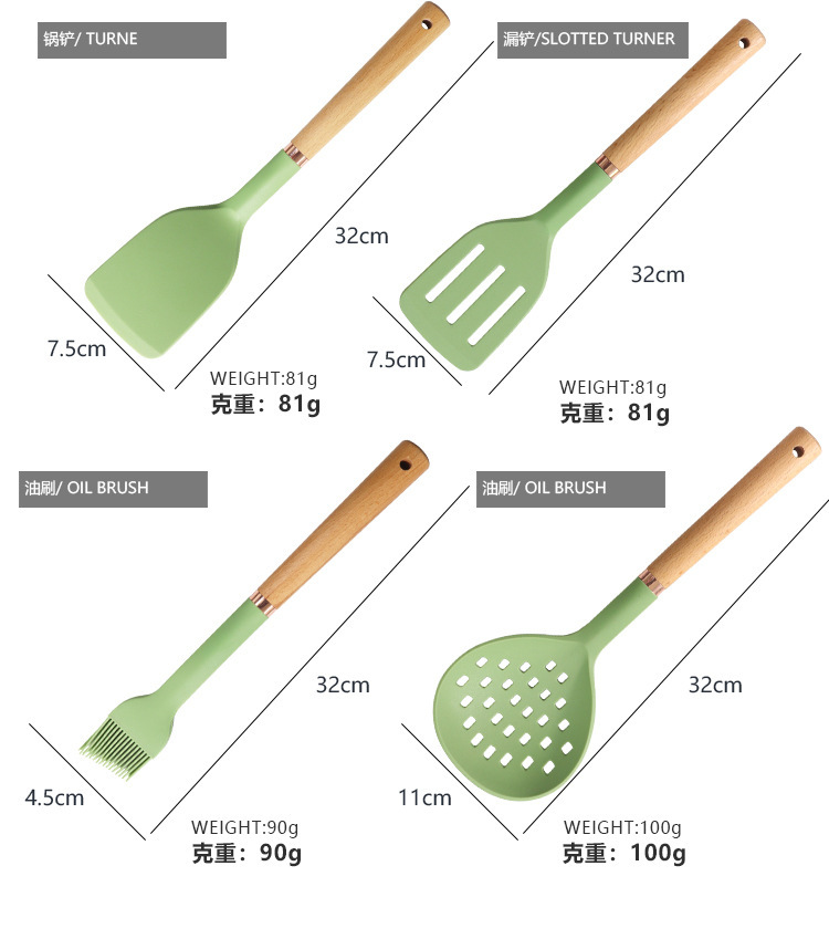 Yeni Tencere Silikon Mutfak Madenleri Set Isı Dayanıklı Sopa Sıyırıcı Spatula Kepçesi Skimmer Ladle Pişirme Araçları Tutucu ile