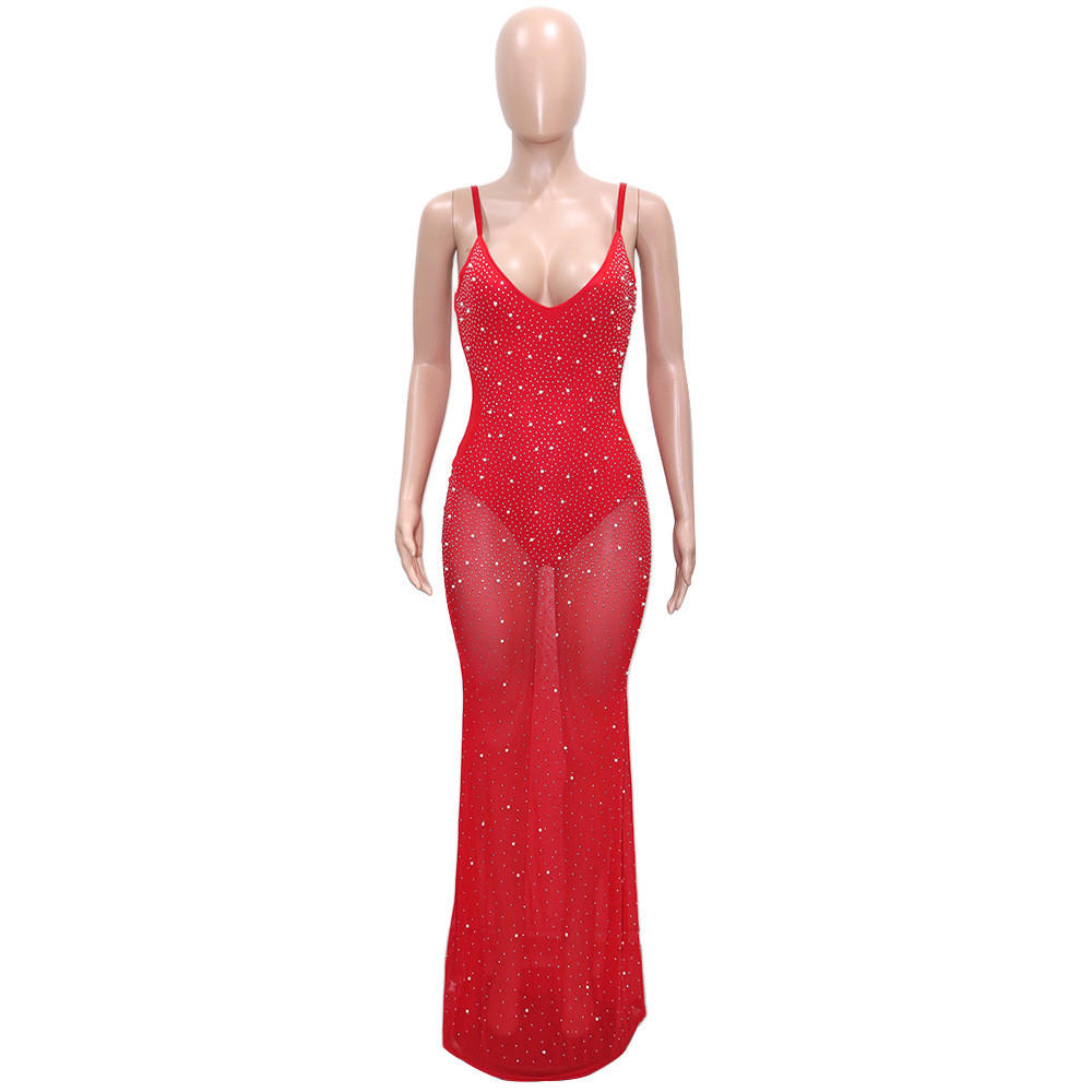 Designer Sexy Rhinestone Diamonds Dresses Women Luxury Spaghetti Straps Maxi Dress Mesh Sheer Elegant Evening Party Dress Night Clubwear Wholesale Clothes 10329