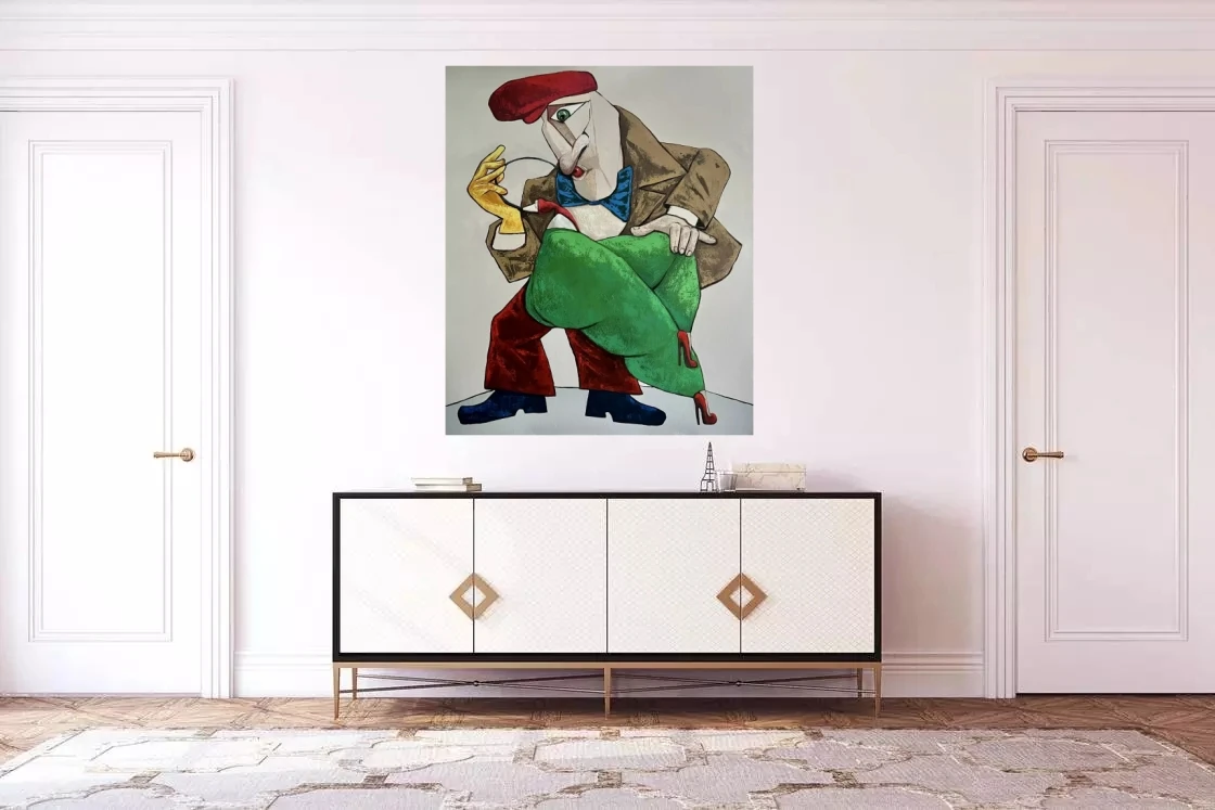 Peinture à l'huile abstraite moderne, réplique de joueur de saxophone et dame en vert, toile figurative, Art mural pour salle de bains, décoration de maison, faite à la main