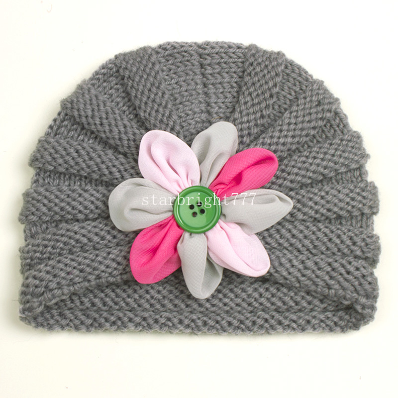 Ny baby hatt virkning stickad knapp blomma hatt varma kepsar spädbarn baby flicka vinter beanie turban hår tillbehör