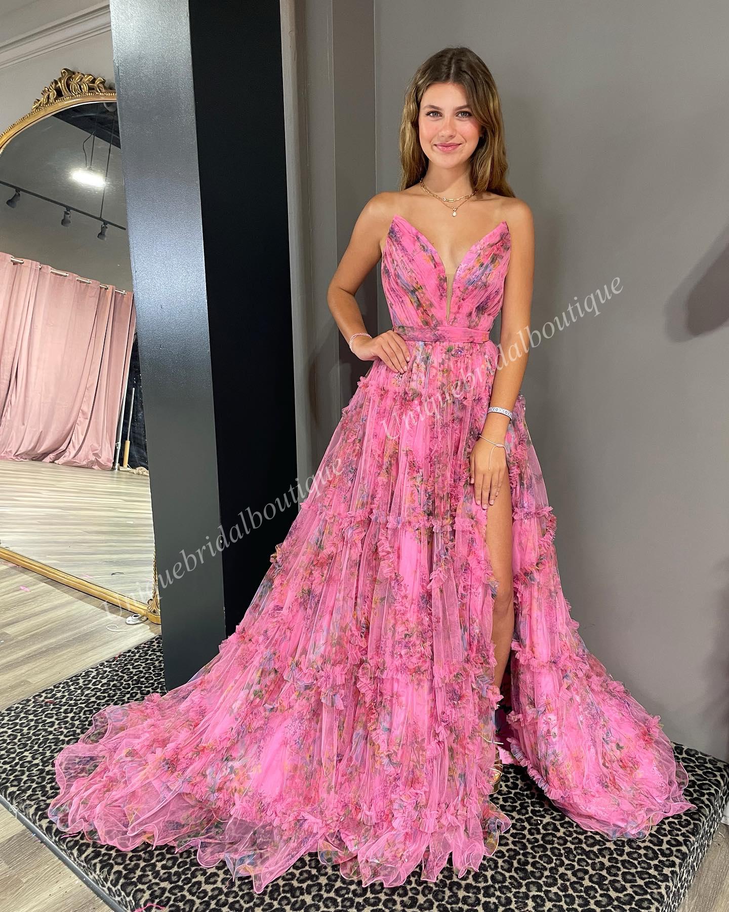 Abito da ballo con stampa floreale 2k24 Body senza spalline con scollo a V con spacco alto Tuta preadolescente Lady Pageant Serata formale Festa Sfilata Cravatta nera Pagliaccetto di gala Rosa pervinca