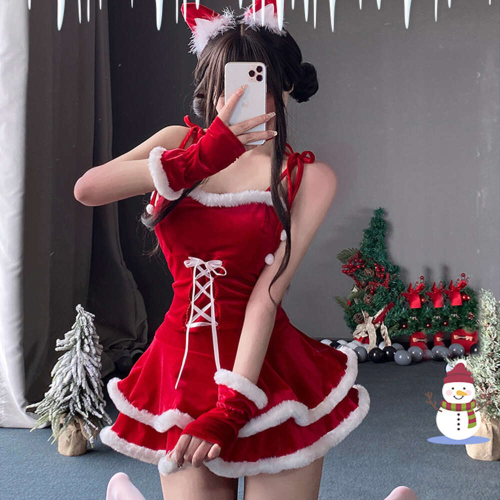 アニかわいいバニーサンタクロースユニフォームコスプレクリスマスルックレディースマジック衣装トップスカートグローブコスチュームコスプレ