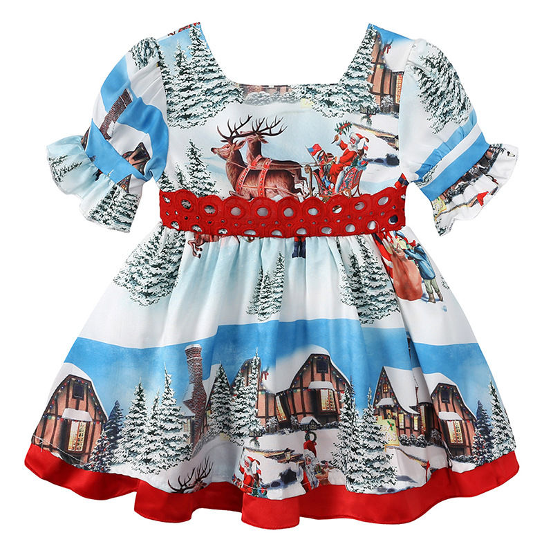 Ins Christmas Model Children Santa Claus Printed Big Bow Skirt Girl's Dressesmell and Medium Children's Dresses