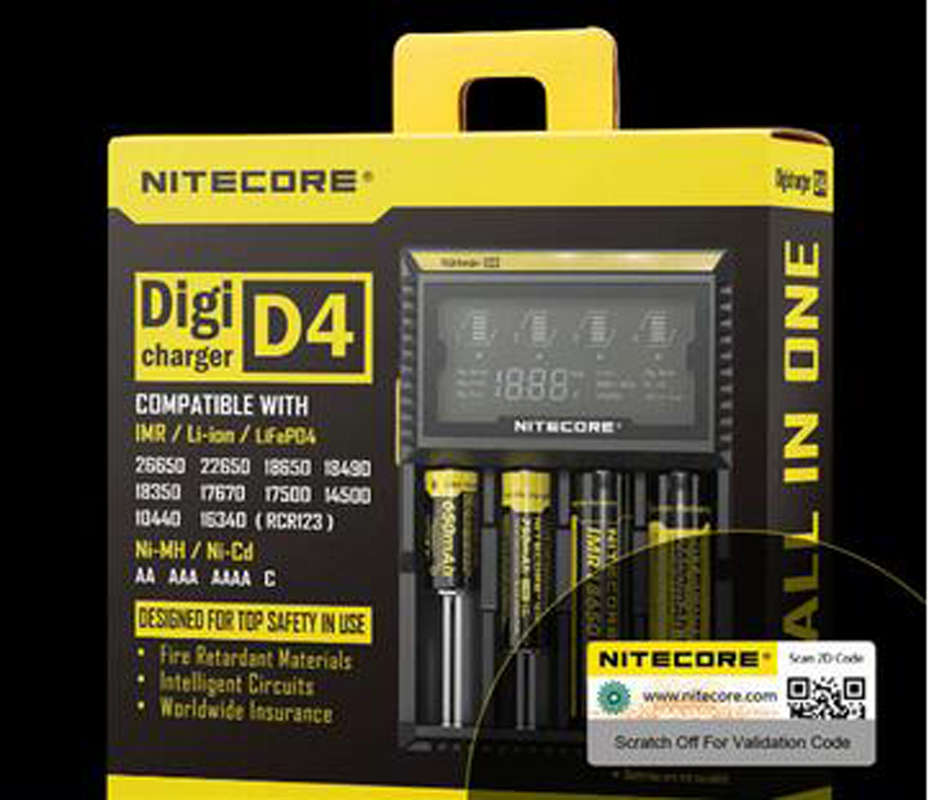Original Nitecore D4 Charger Digicharger LCD Display Battery Intelligent 4 Dual Slots Charge for IMR 16340 18650 14500 26650 18350 Universal Li-ion Battery