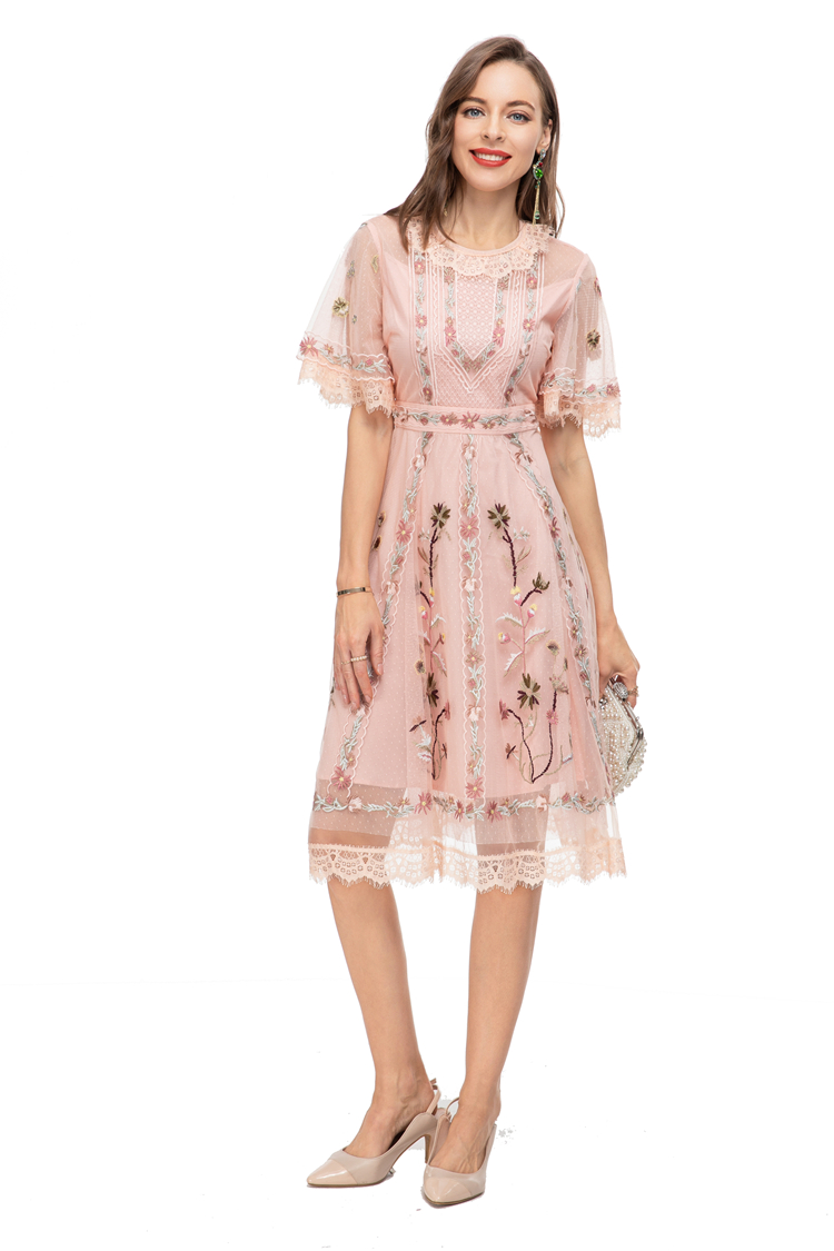 Women's Runway Dresses O Neck Short Sleeves Embroidery Layered Fashion High Street Mini Vestidos