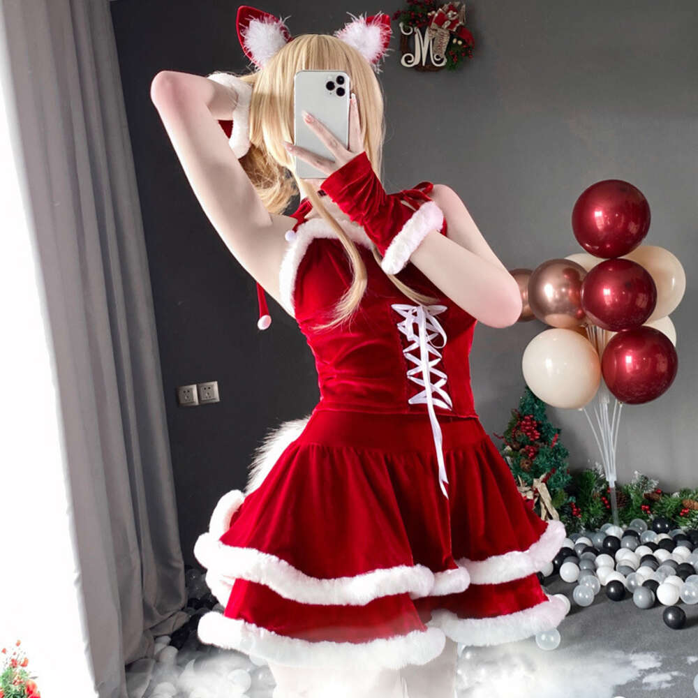 ANI 2022 메리 크리스마스 소녀 스파게티 스트랩 드레스 드레스 유니폼 의상 여성 산타 클로스 플러시 나이트 드레스 코스프레 코스프레 코스프레