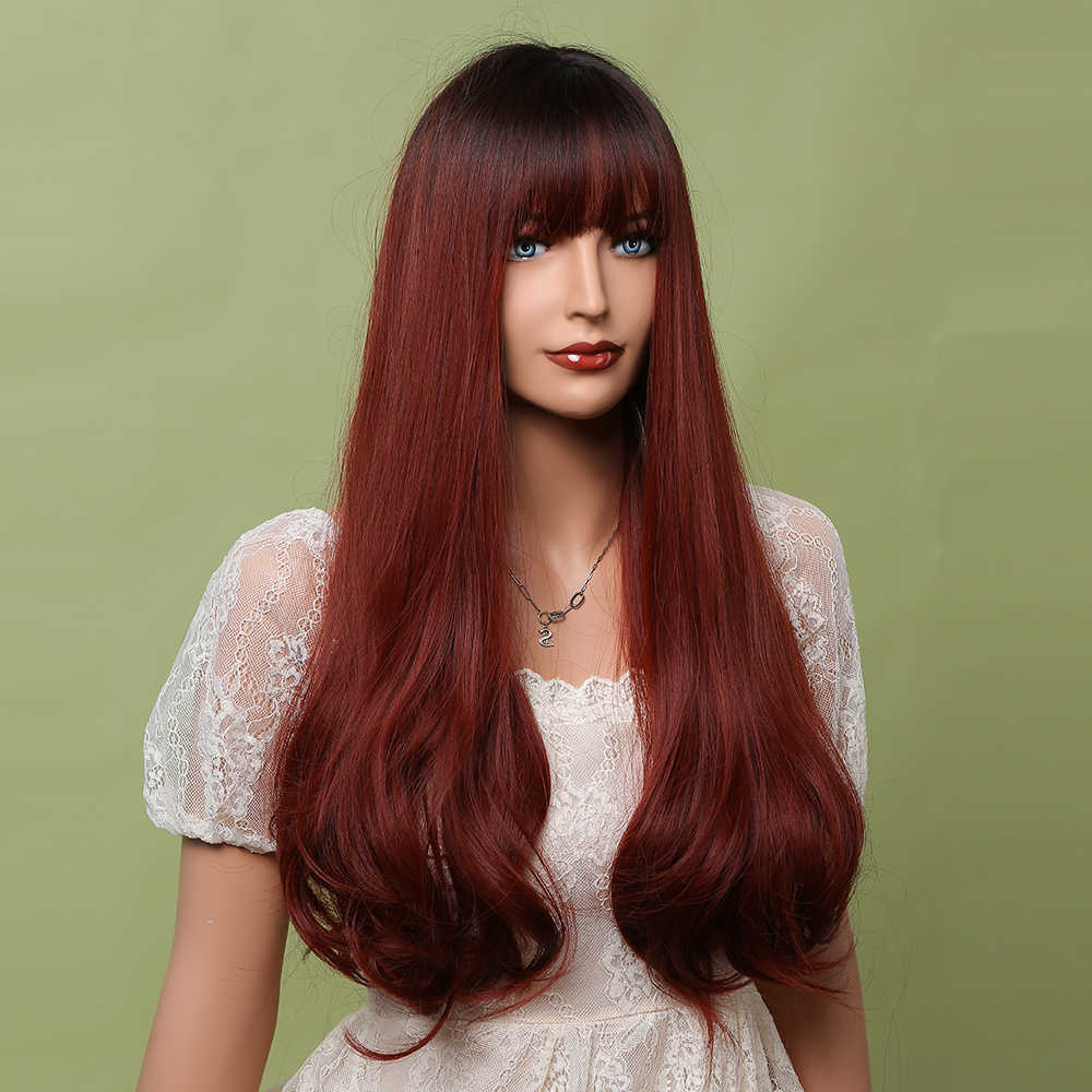 Synthetic Wigs Easihair Burgundy Red Long Synthetic Wigs Black to Dark Ombre for Women Natural Bangs Wine Cosplay 230227