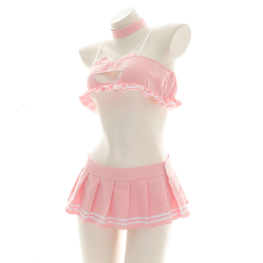 Ani Kawaii – maillot de bain rose chat pour fille, Costume d'été de plage pour étudiantes, poitrine ajourée, ensemble uniforme, fête à la piscine, Cosplay