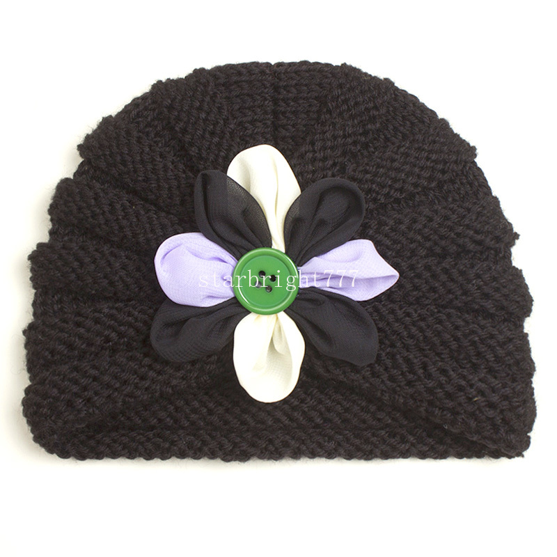 Ny baby hatt virkning stickad knapp blomma hatt varma kepsar spädbarn baby flicka vinter beanie turban hår tillbehör