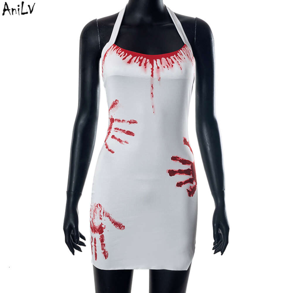 Ani Halloween Scream Night Party Donna Horror Sangue Rosso Palm Stampa Halter Dress Costumi Cosplay uniformi