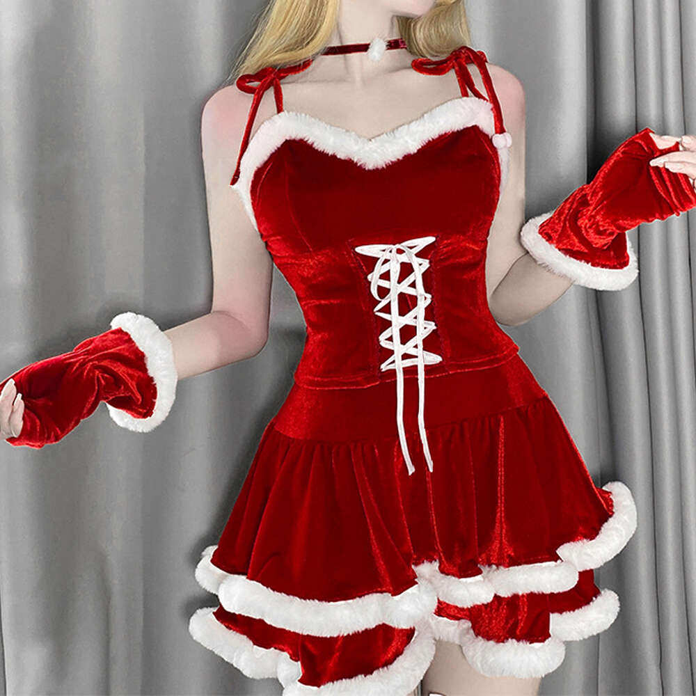 ANI 2022 메리 크리스마스 소녀 스파게티 스트랩 드레스 드레스 유니폼 의상 여성 산타 클로스 플러시 나이트 드레스 코스프레 코스프레 코스프레