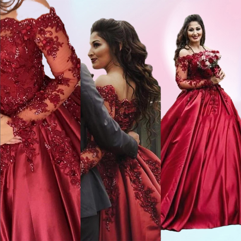 Burgund dunkelrote Ballkleid Brautkleider von Schulter Langarm Satin Spitzen Applikationen Blumen Perlen Plus Größe Formale Braut 6625119