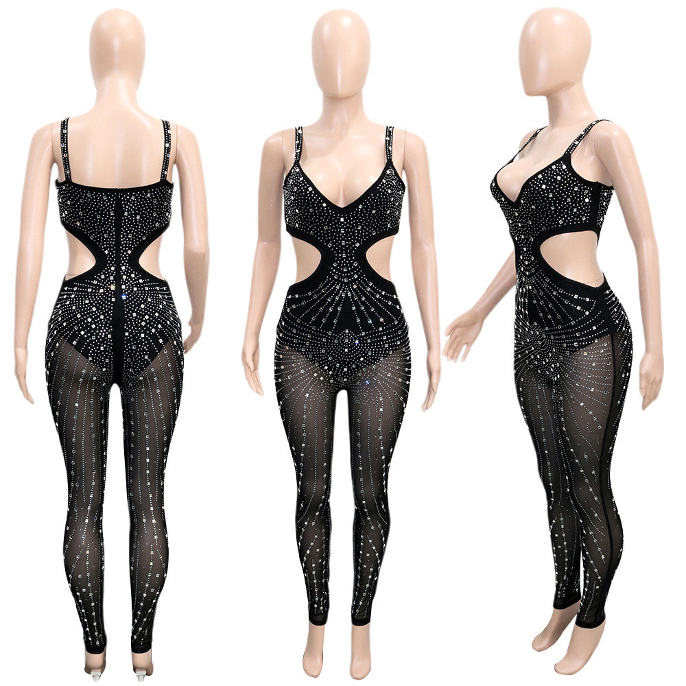 Designer strass diamanti tute da donna senza spalline pagliaccetti sexy mesh trasparente trasparente tute party night club abbigliamento all'ingrosso vestiti 10331