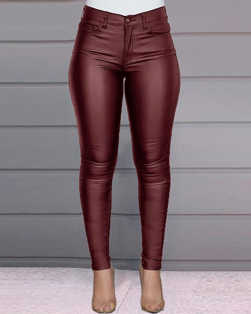 Pantalon de couleur unie pour femmes, jean slim taille haute, Capris en simili cuir PU, Leggings extensibles