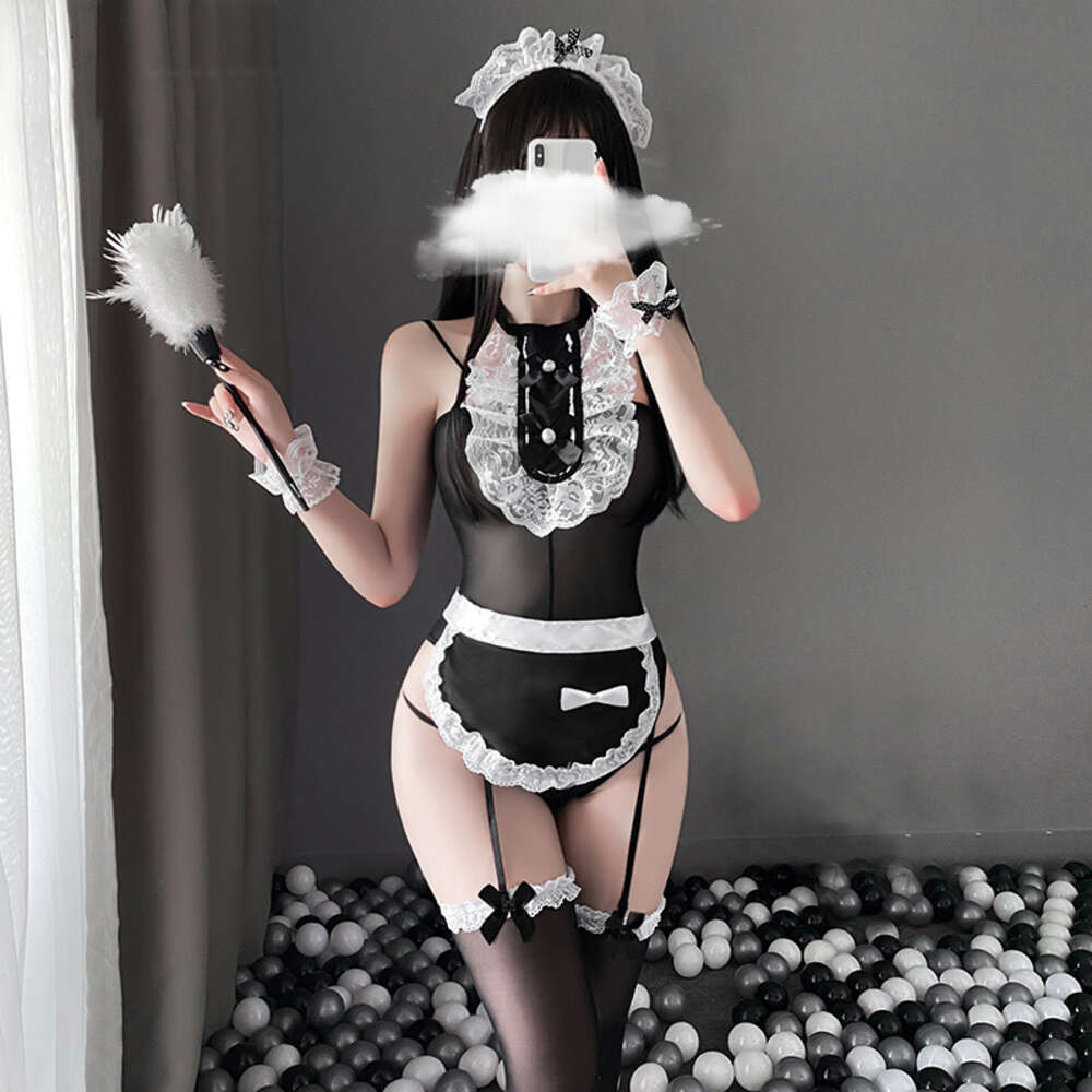 ANI COURT ESSEL MAIL MIDIAL Kostymer Cosplay Women Personal Butler Black Lace Erotic Lingerie Outfit Set Garter Stocking