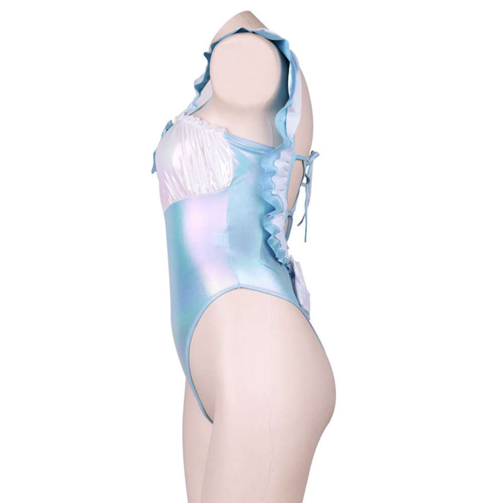 Ani Shiny Girl Blue Laser One-piece Swimstuit Unifrom Women Anime Ruffles Bow Backless Bodysuit Swimwear Costumes Cosplay cosplay