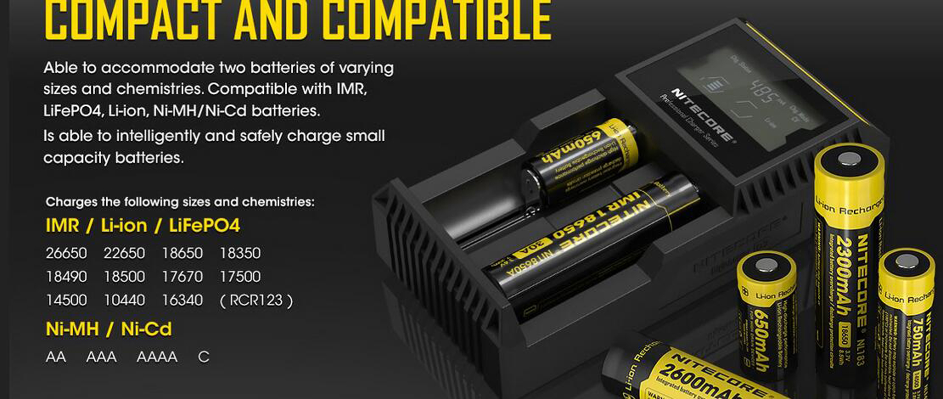 Authentique chargeur Nitecore D2 Digicharger LCD batterie intelligente 2 doubles emplacements Charge pour IMR 16340 18650 14500 26650 18350 batterie Li-ion universelle Vs UM2 Q2
