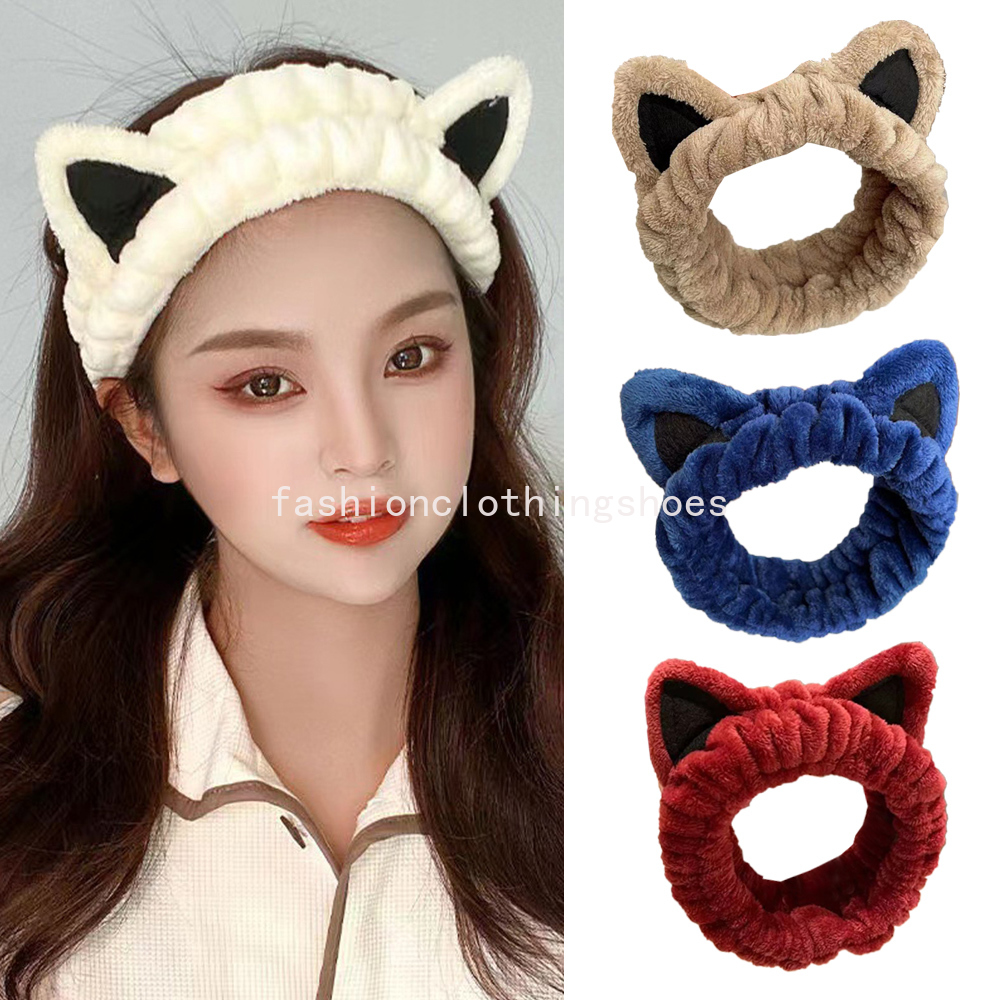 Kat oren pluche hoofdband voor vrouwen koraal fleece elastische haarband zachte pluizige dierenoren gezicht wassen make-up tulband hoofd wrap