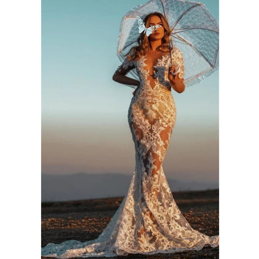 Mermaid Modest Lace Appliques Scoop Floral Boho Wedding Dress Elegant Side Split Long Sleeves Bridal Gownss Custom