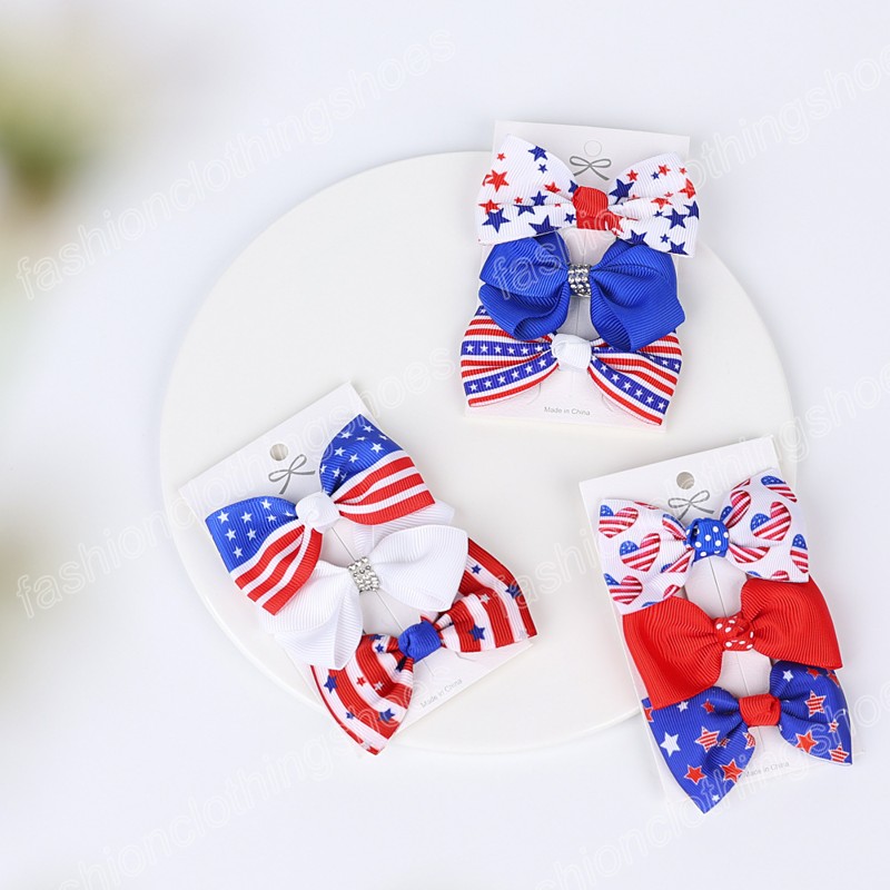 Fiocchi capelli ragazze Clip 4 luglio Giorno dell'Indipendenza Nastro Bowknot Forcine Stelle Strisce Bandiera USA Accessori capelli patriottici 3 pezzi / lotto