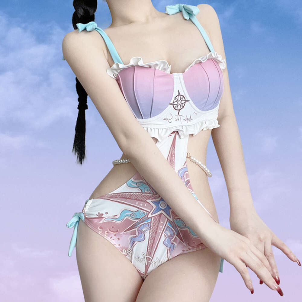 Ani anime impressão astrolábio swimsuiut bodysuit verão praia gradiente rosa roxo sereia concha trajes de banho cosplay