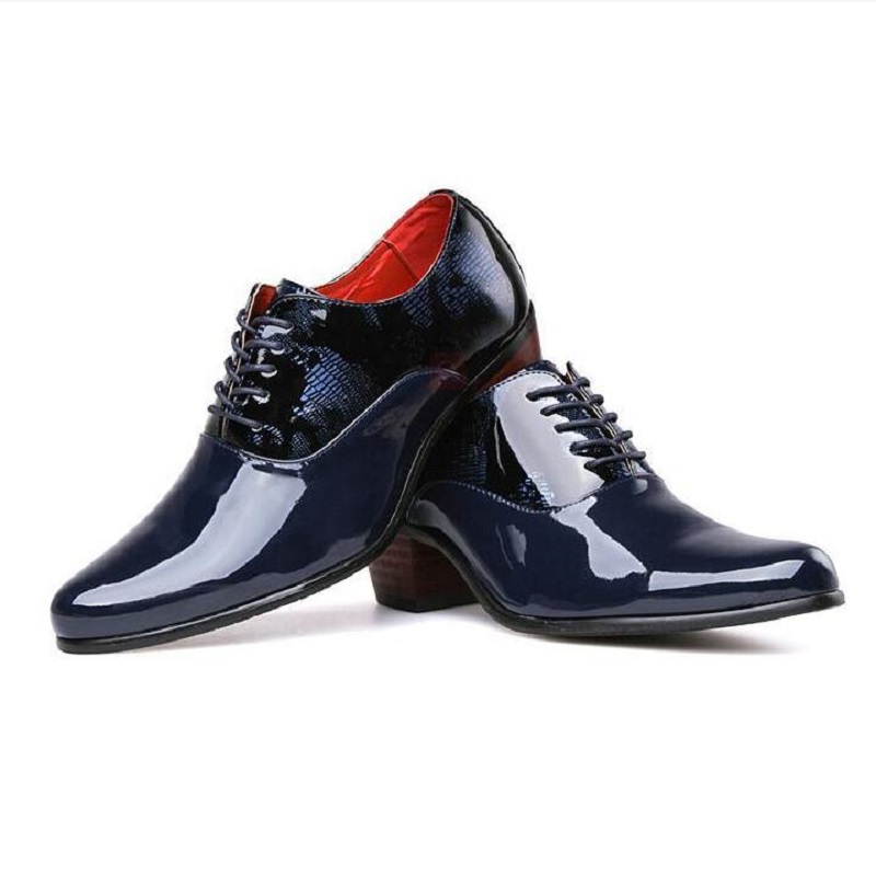 New Fashion Blue Black Men's High Heel Shoes Pointed Leather Dress Shoes Men Lace-up Wedding Shoes Men zapatos hombre D2H9